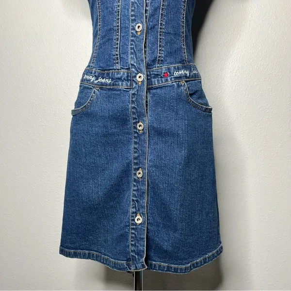 90s Vintage Tommy Hilfiger Short Sleeve Button Front Denim Mini Dress - Image 5