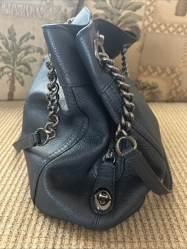 Coach Edie Turnlock Dark Navy Blue Pebbled Leather Shoulder Bag w/ Chain Straps - Image 3