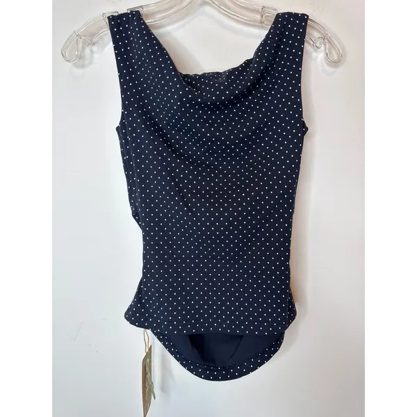 OGL Women Size XS Navy White Polka Dot Boatneck Ruched Bra Top Built-In Pads - Image 4