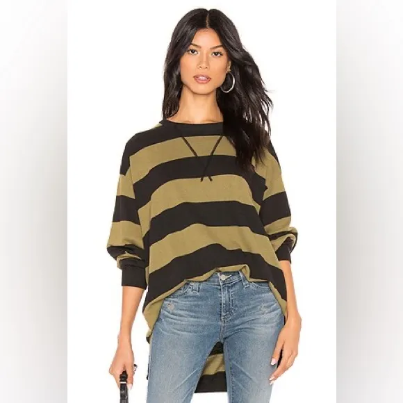 Free People Surfin On Your Stripes Sweater Top High Low Oversized Moss Size XS/S - Image 9
