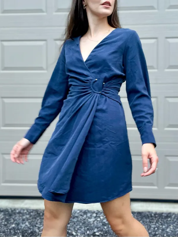 Mango Navy Linen Blend Long Sleeve Wrap Dress Large - Image 5