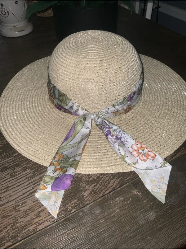 Adrienne Vittadini Beige Straw Sun Hat with Sparkly Floral Scarf - Image 4