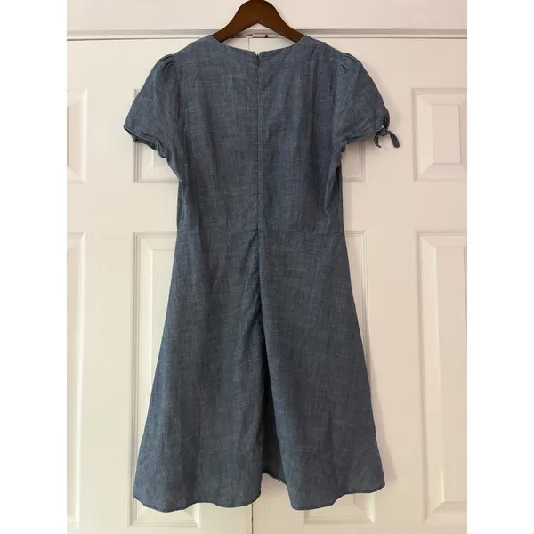 J.Crew Womens Blue Cotton Chambray Ruffle Faux Wrap V-Neck Tie Sleeve Dress 6 - Image 2
