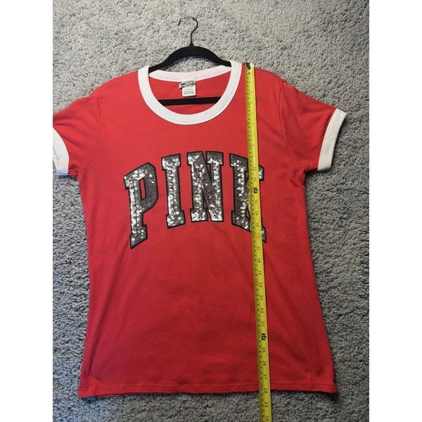 Victoria's Secret PINK L Sequin Logo Ringer T-Shirt Red Cotton - Image 4