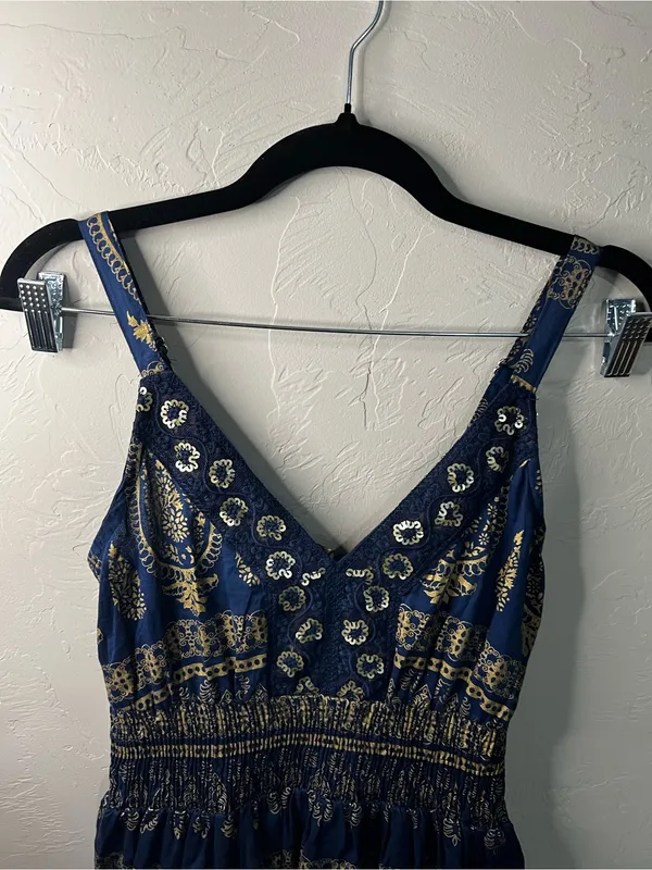 Me 2 Magic Navy Gold Sequin Paisley Smocked Boho Festival Maxi Dress - Image 3