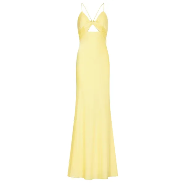 Mac Duggal Yellow Satin Twist Front Cut Out Slip Maxi Formal Gown Size 6 - Image 5