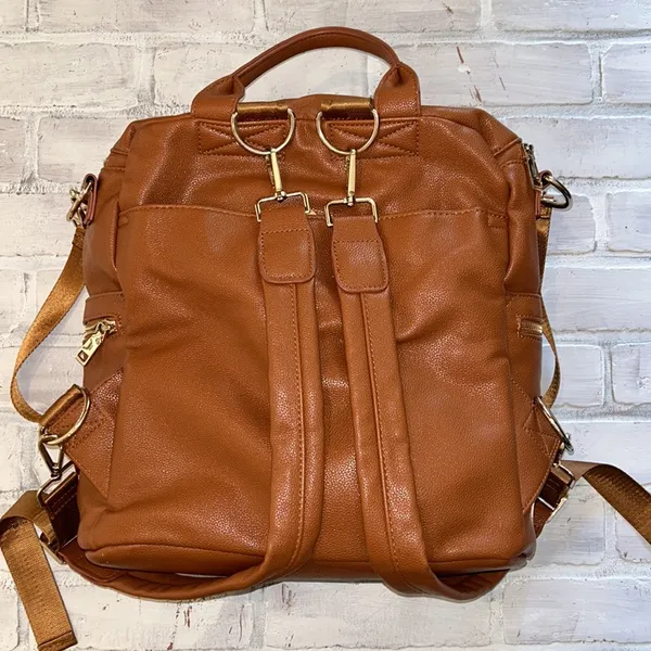 Faux leather brown cognac tan large backpack diaper bag - Image 4