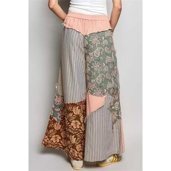 POL Striped Floral Patchwork Wide leg Pants with Side Big Star‎ Patch - Image 3