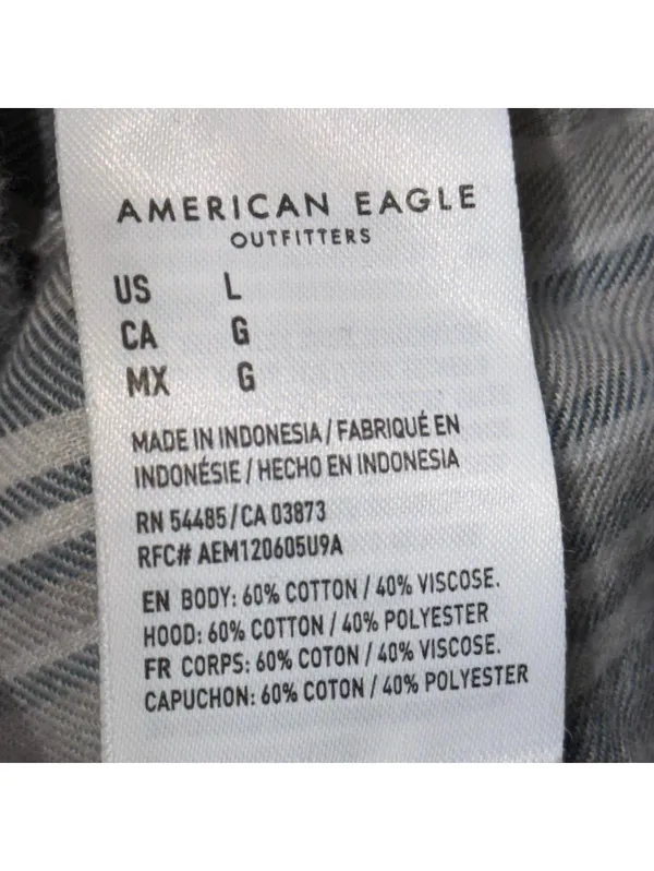American Eagle Hooded Flannel Shirt - Gray Plaid, Size L - Image 7