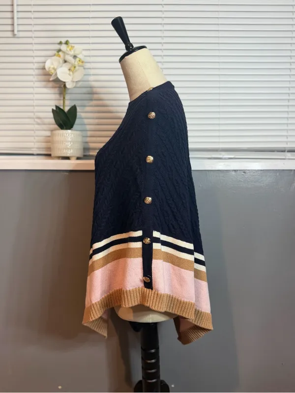 Talbots Cable Knit Cashmere Blend Poncho Navy Pink Camel Colorblock Cape XS - Image 4