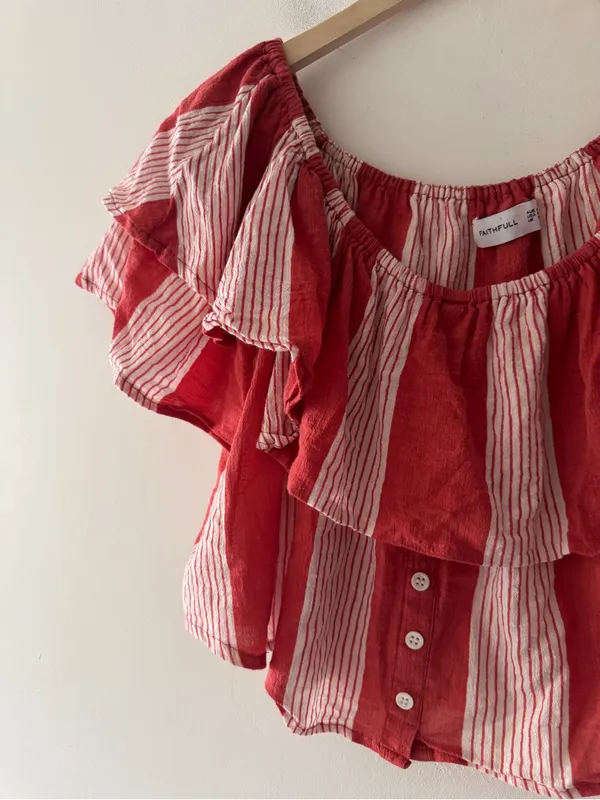 Faithfull the Brand Salerno 100% Cotton Ruffle Sleeve Striped Off Shoulder Top - Image 4