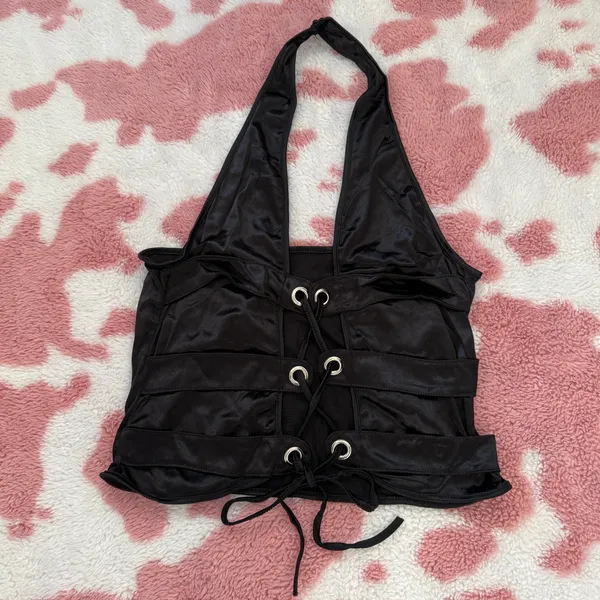 Black Satin Lace-Up Halter Top & Micro Mini Wrap Skirt Set – Coachella Baddie / Cosplay Lingerie S/M 🖤✨ - Image 2