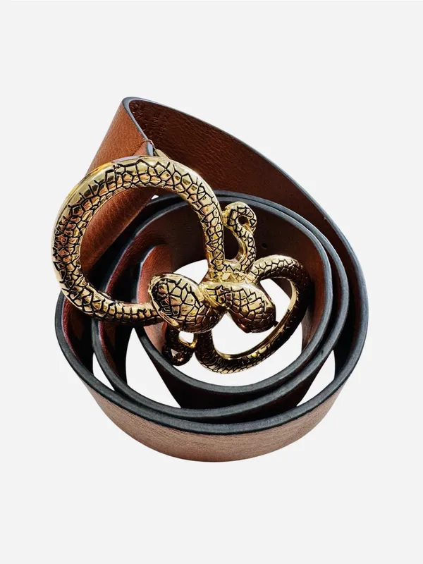 Express Brown Faux Leather Snake Buckle Belt Gold Snake Head Size Small - Image 2