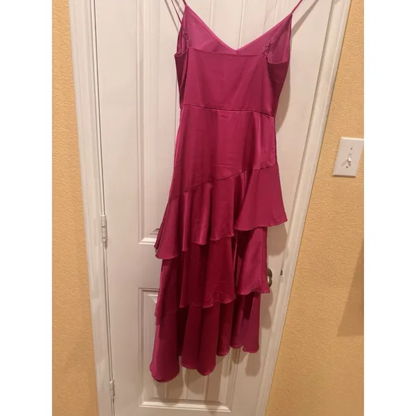Lulus Charming Crush Hot Pink Satin Tiered Ruffled Midi Dress size xs - Image 6