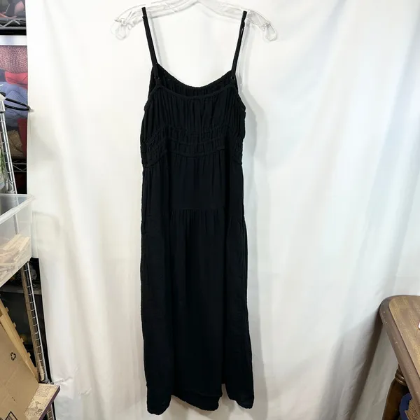 Old Navy Large Midi‎ Dress Black Cotton Gauze Smocked Tiered Pockets Witchy 1175 - Image 2