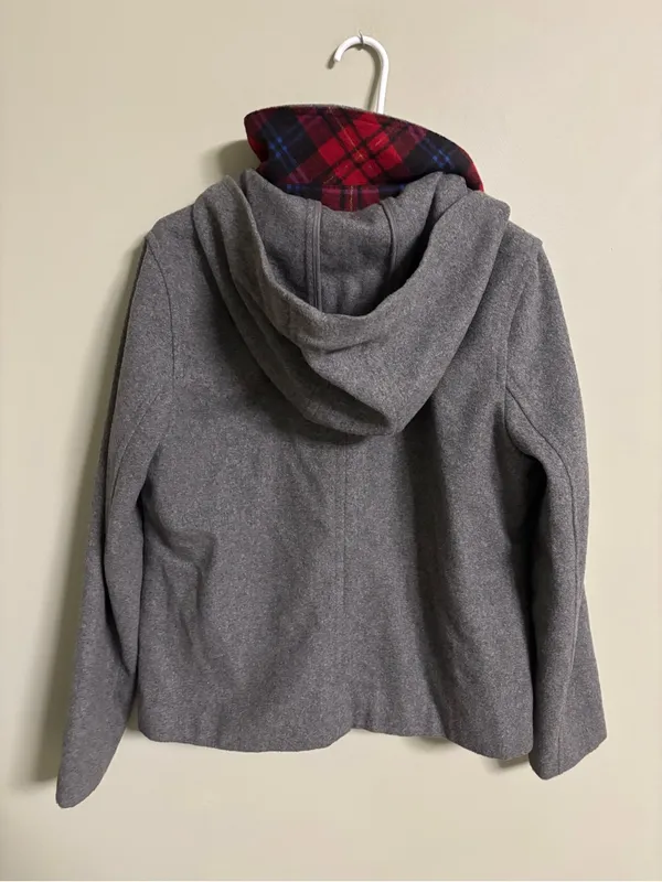 Old Navy Gray Wool Blend Hooded Toggle Pea Coat Red Plaid Trim Size Large - Image 2