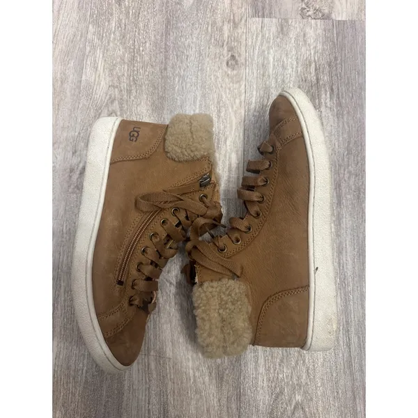 UGG Olive High Top Sneakers Chestnut Leather Shearling Womens Size 8.5 - Image 2