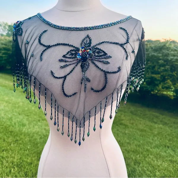 Vintage Beaded Black Mesh Caplet Collar Scarf with Fringe & Sequins - Image 2
