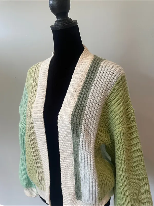 Oversized Striped Open-Front Sweater Cardigan - greens and white - Image 2