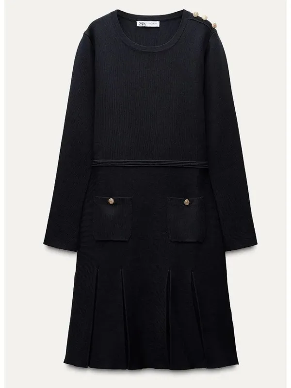 Zara Pleated Knit Dress With Gold Button Navy Blue Long Sleeve XL Quiet Luxury - Image 2