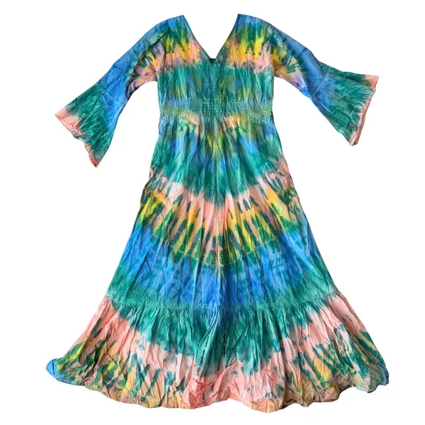 Tie Thai Boho Bell Sleeve Tie Dye Festival Maxi Dress Womens Large Multi-Color - Image 4