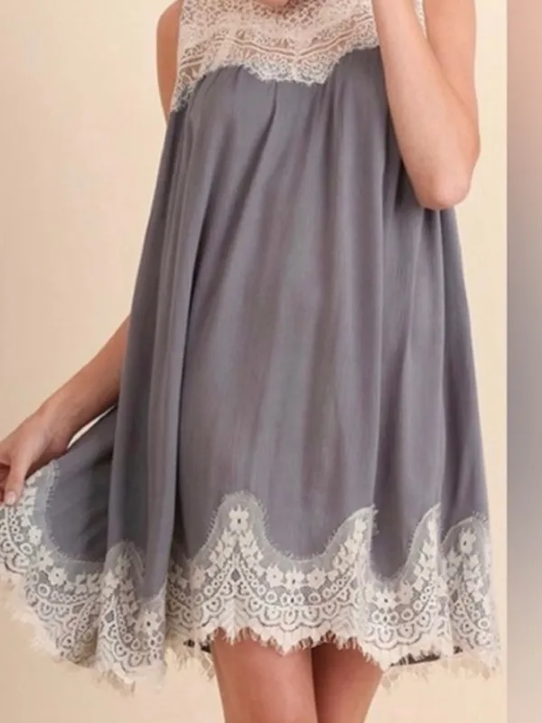 Umgee Boho Sleeveless Dress/Tunic, Lace Detail, Blue/Gray - Image 7