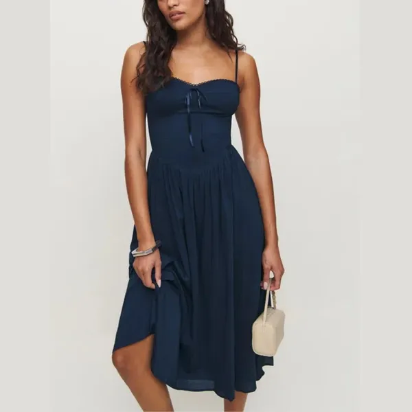 Reformation | Allure Sweetheart Neck Midi Slip Dress Navy Blue - Image 3
