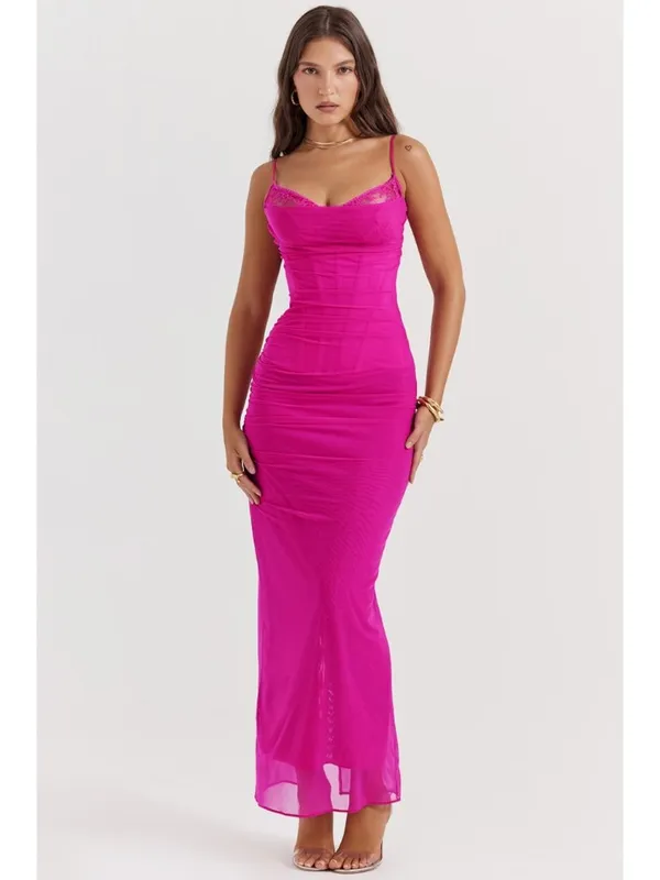 House of CB Nalini Fuchsia Mesh Maxi Dress Ruched Corset M - Image 4