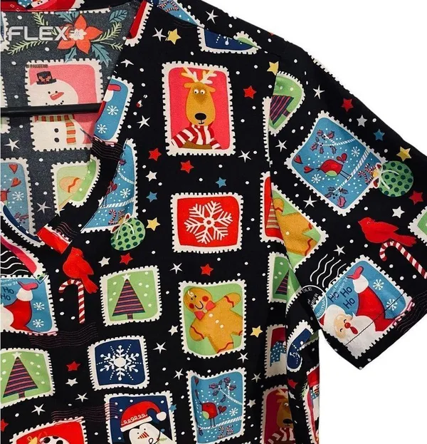 UA Flex 2 Christmas Holiday Festive Stamp Sticker Stretch Medical Scrubs Top - Image 3