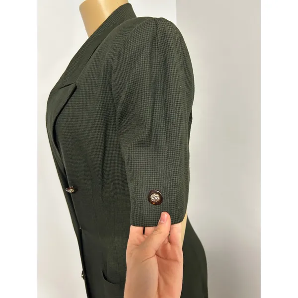 Kasper for ASL Vintage Olive Green Houndstooth Double Breasted Coat Dress 12 - Image 5