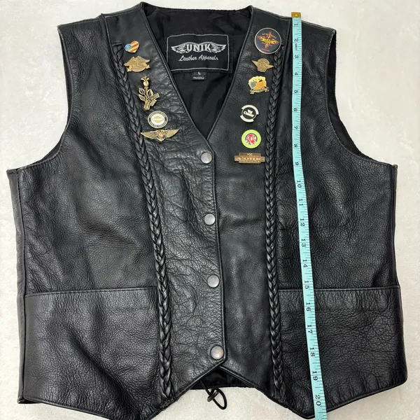 Unik Vintage Motorcycle Black Leather Vest with Unique Pins Size L‎ - Image 14