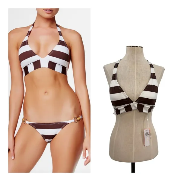 PilyQ Godiva Banded Halter Bikini Top Brown White Stripe NWT‎ Size Large - Image 2