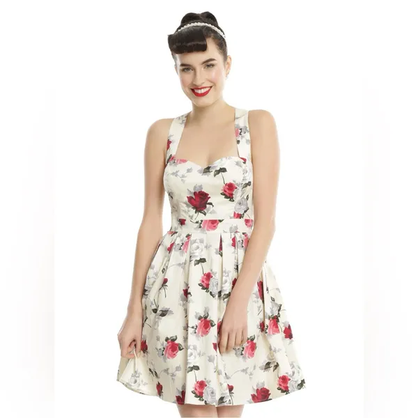 Hell Bunny Eloise‎ Mini Dress Rose Print Cream Bow Adjustable Straps Sz XS Retro - Image 3