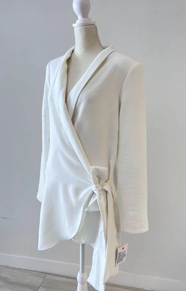 ASOS DESIGN side tie tux mini dress with cowl back detail in ivory US 4 - Image 4