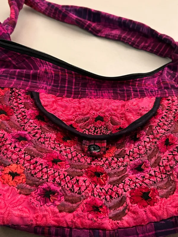 Vibrant Pink Plaid Shoulder Bag with Padded Strap - Image 2