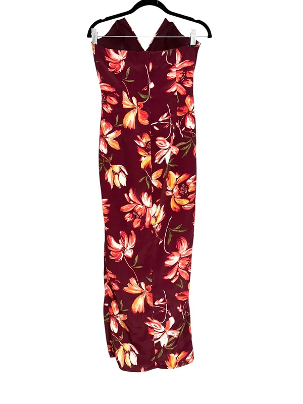 Katie May Come On Home Strapless Burgundy Floral Side Slit Midi Dress XS - Image 4