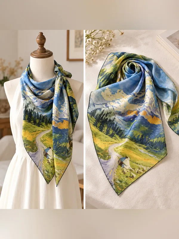 Silk Wool Scarf 23.6” Square Mountain Landscape Print Blue Green Art Scarf - Image 2