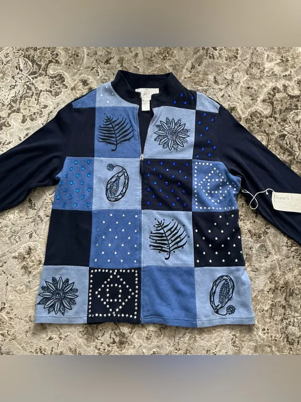 Essentials Navy and Light Blue Patchwork Embellished Zip Jacket Size 1X - Image 7