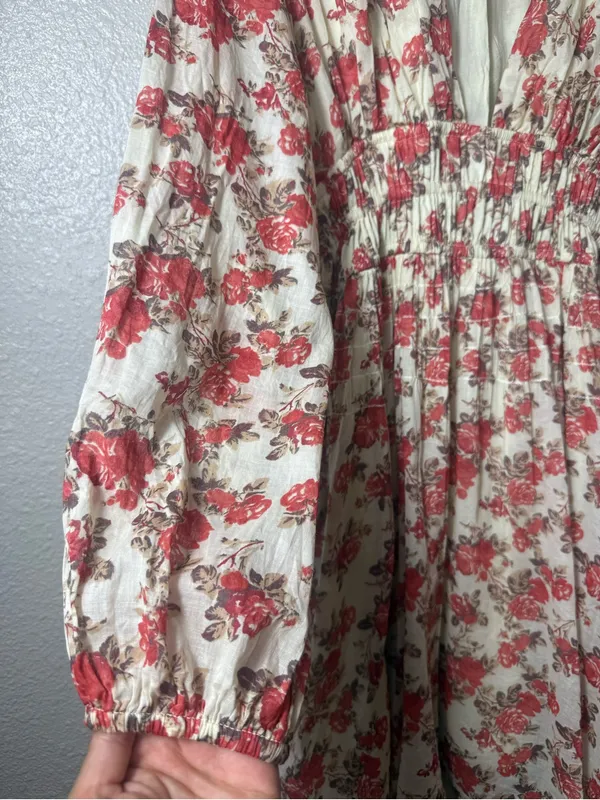 Free People "Keep You" Floral Long Sleeve Mini Dress‎ Smocked Waist Boho Size S - Image 4