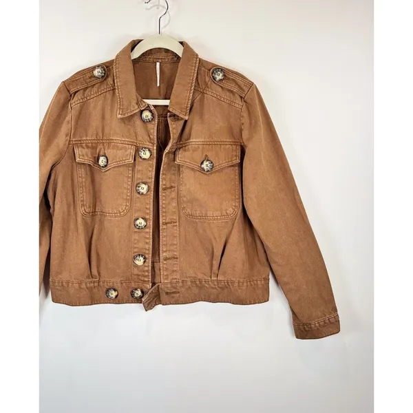 Free People Womens Denim Jacket Brown Eisenhower Slouchy Cropped Jean Medium - Image 5
