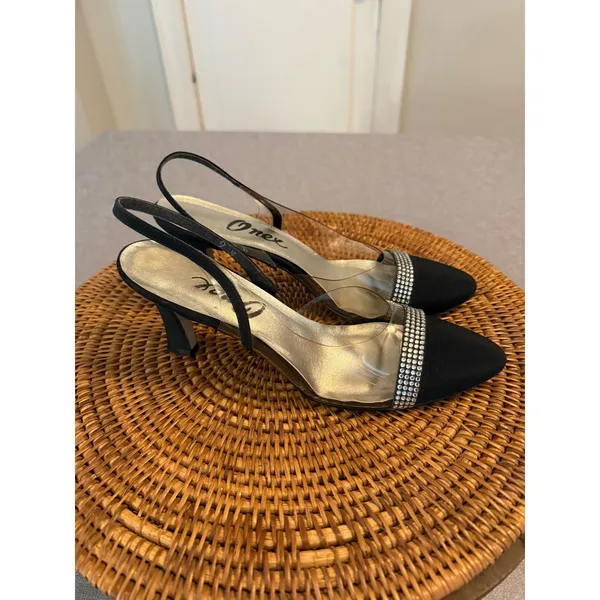 Onex Womens Black Rhinestone Clear Slingback Pointed Toe‎ Kitten Heels Size 9 M - Image 5