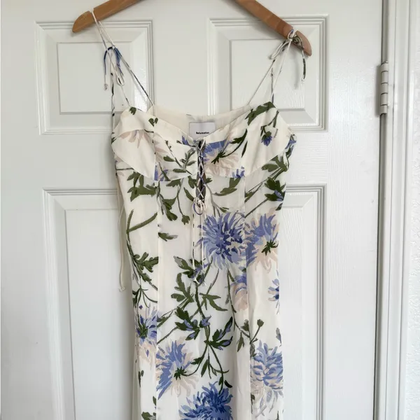 Reformation Emely Dress Midi Length Serenity Ivory Lilac Floral Lace Up French 8 - Image 9