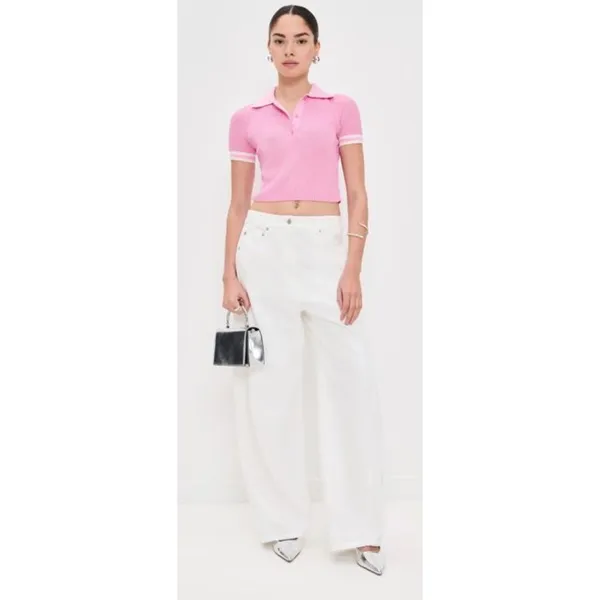 Jonathan Simkhai Whitten Pink Ribbed Knit Cropped Polo Top Size M - Image 3