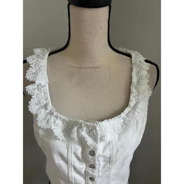 White Lace Trim Sleeveless Top Medium Cottagecore Coquette Boho Chic Milkmaid - Image 3