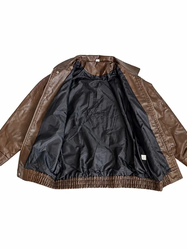 Brown Faux Leather Bomber Jacket Women’s Medium - Image 4