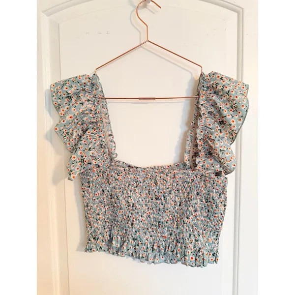 Lulus Crop Top Womens XL Flourishing‎ Fields Sage Green Floral Smocked Ruffle - Image 8