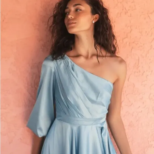 NWT Mac Duggal 49141 French Blue One Shoulder Flowy Gown Dress Size 6 - Image 5