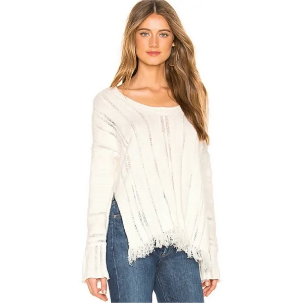 Free People Ocean Drive Ivory Distressed Pullover Sweater S - Image 9