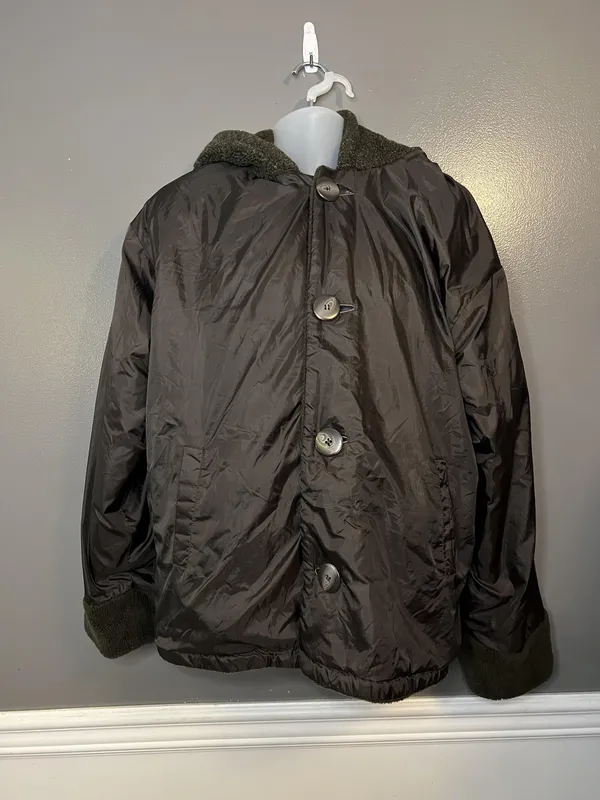 BB Dakota Jacket Womens Medium Olive Reversible Hooded Fleece Button 15099 - Image 5