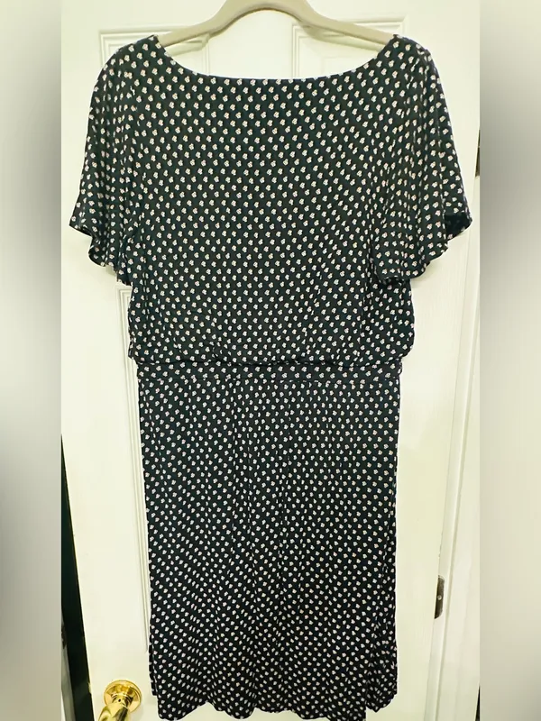 LOFT Black Dress with White Tiny Floral Print - Image 3